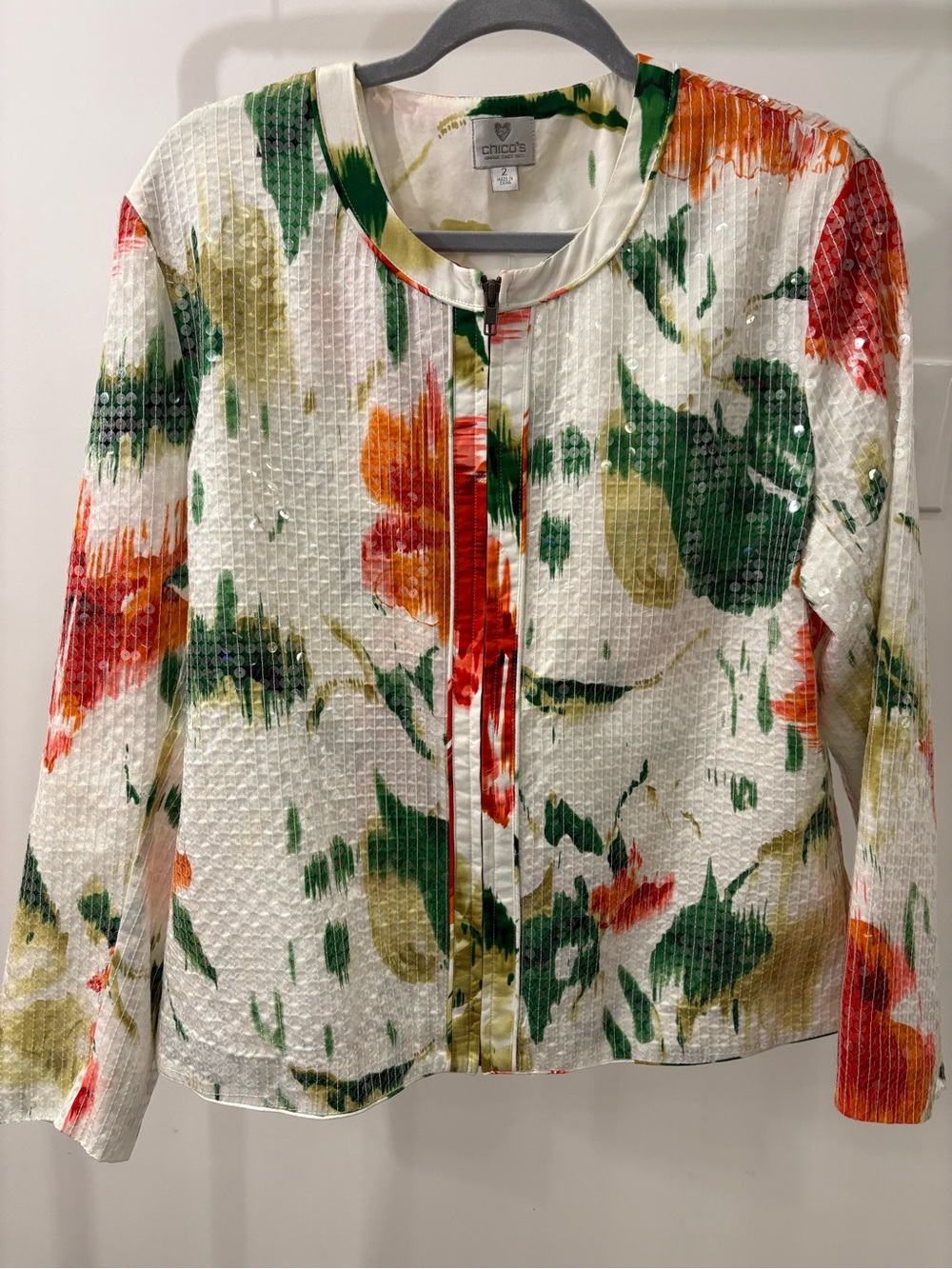 Chico's  Giovanna Sequin Floral-Print Zip Jacket with Green & Orange Accent